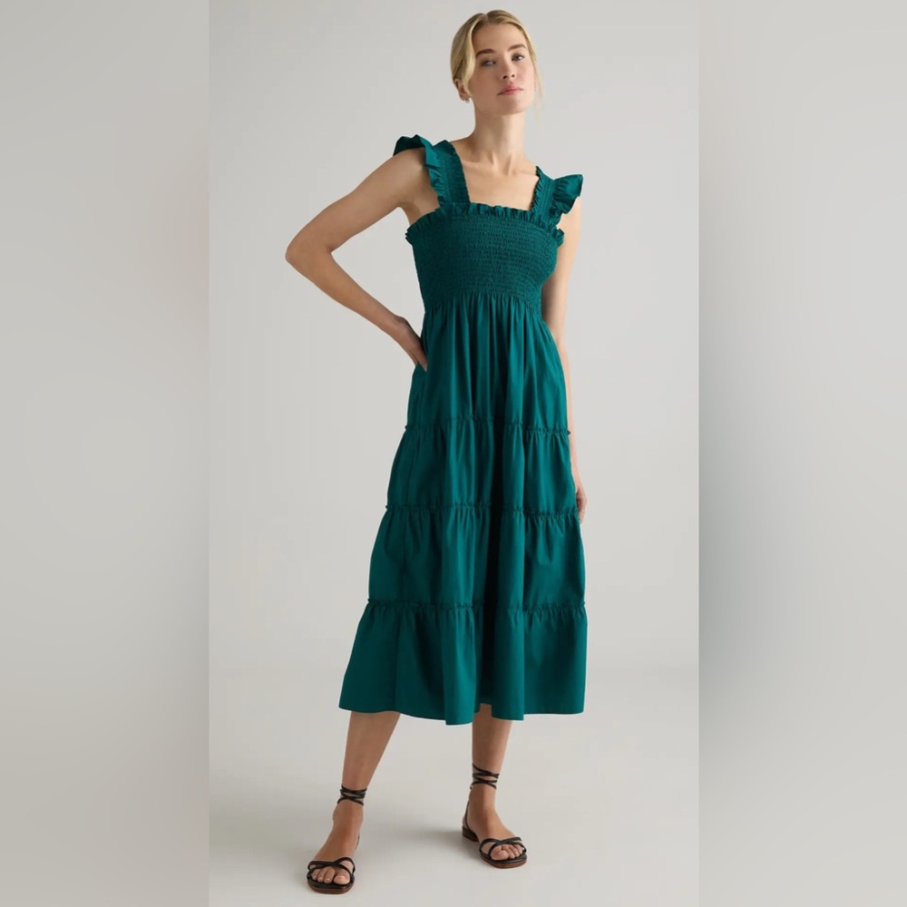 NWOT Quince 100% organic cotton poplin smocked green midi ruffle dress large